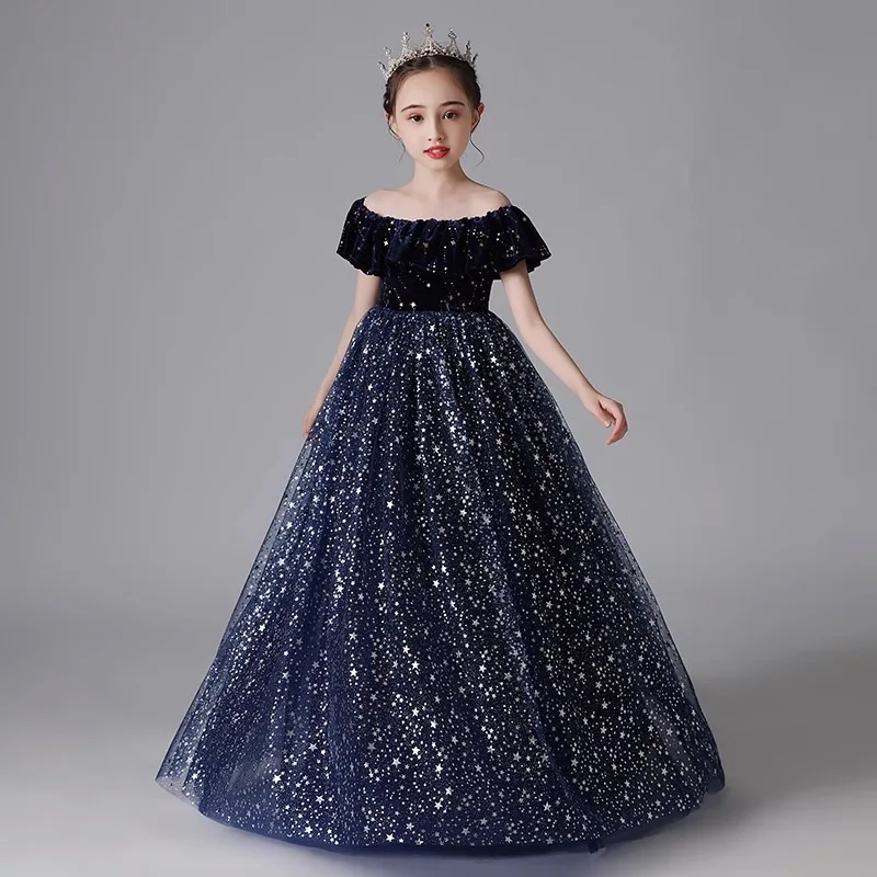 

Elegant Off Shoulder Girls Wedding Dresses Bridesmaid Banquet Long Gown Sequin Lace Teen Girls First Communion Princess Dresses