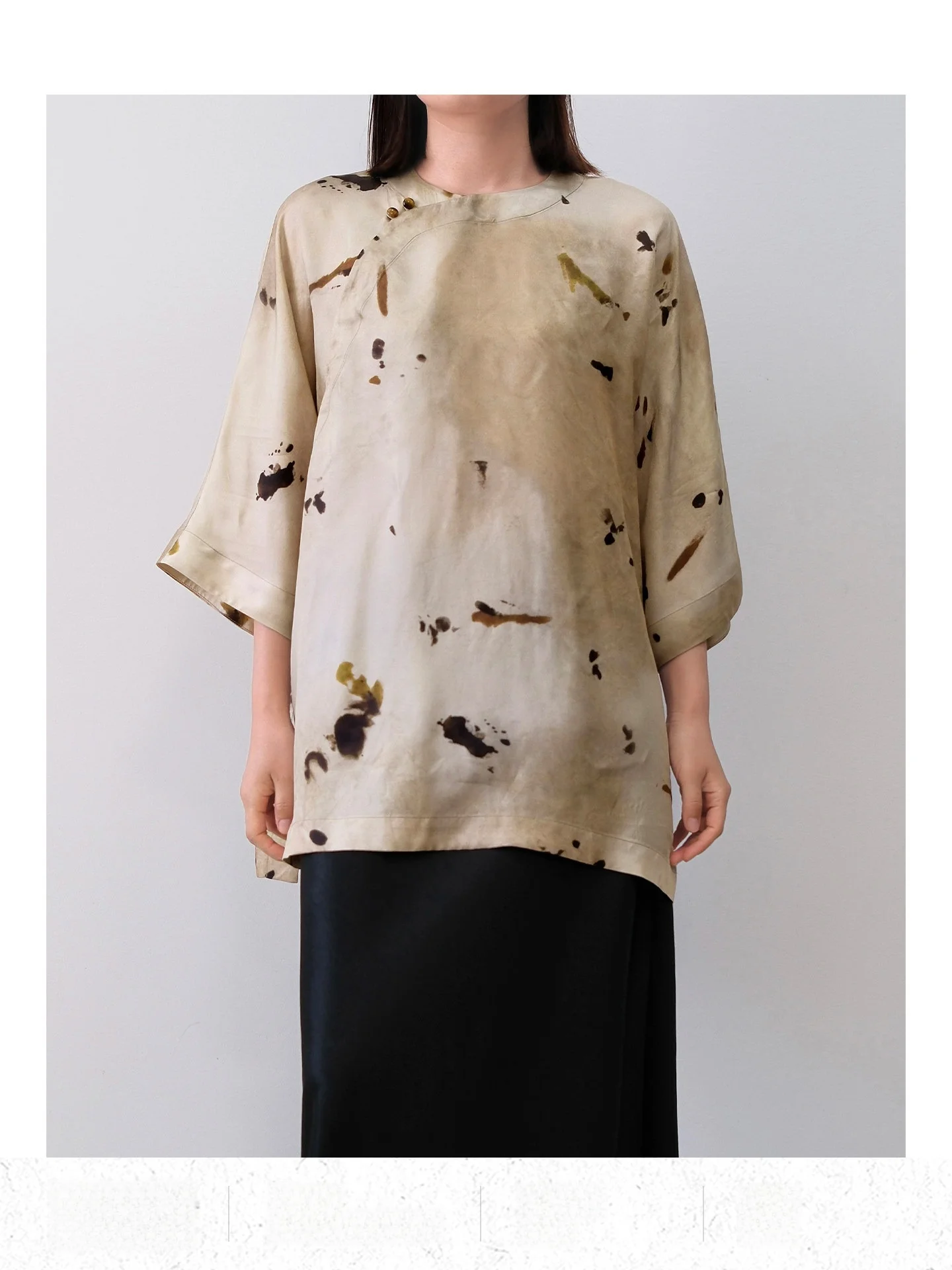

Elegant Watercolor Copper Ammonia Silk Women's Shirt New Chinese Style Asymmetrical Hemline Spring Autumn Loose Smooth Blouse
