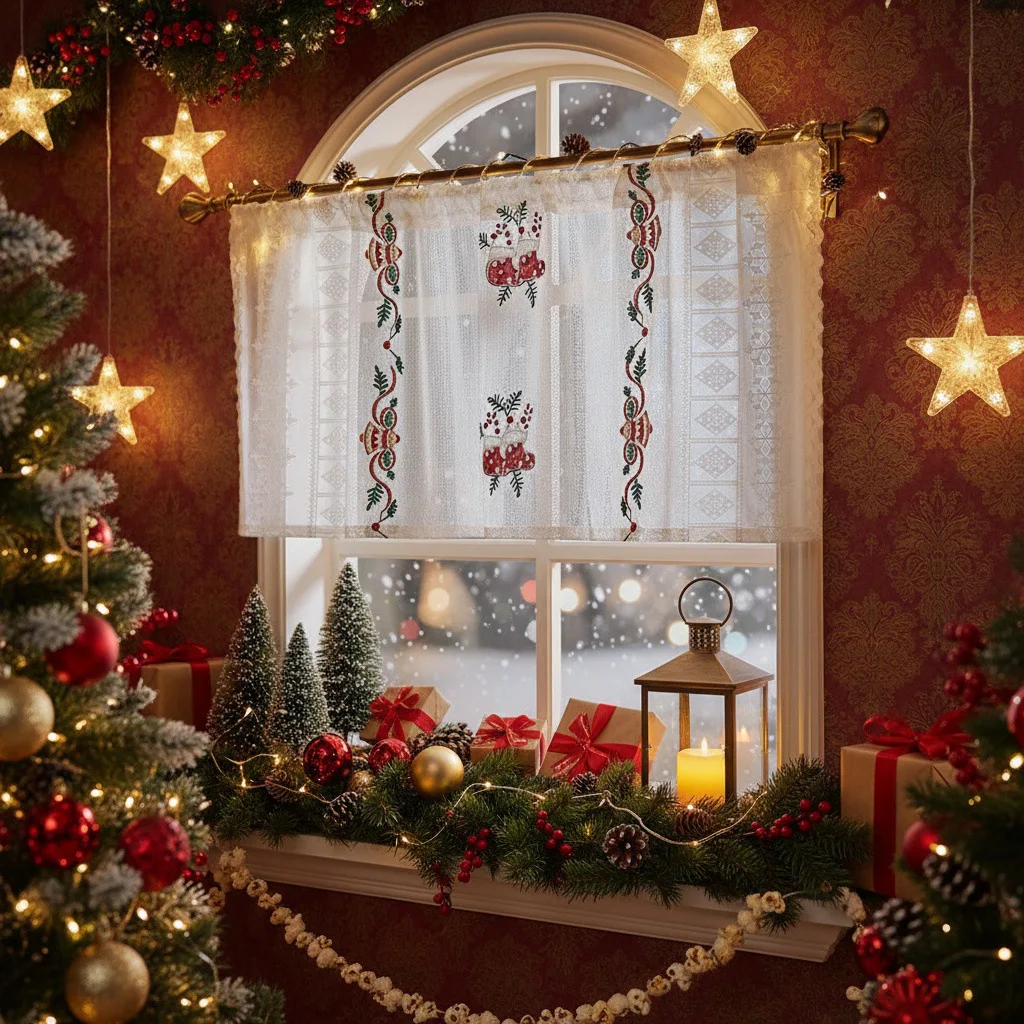 New American Style Xmas Curtain Embroidered Lace Sheer Window Treatment Rectangular Kitchen Decor Holiday Home Fabric Valance