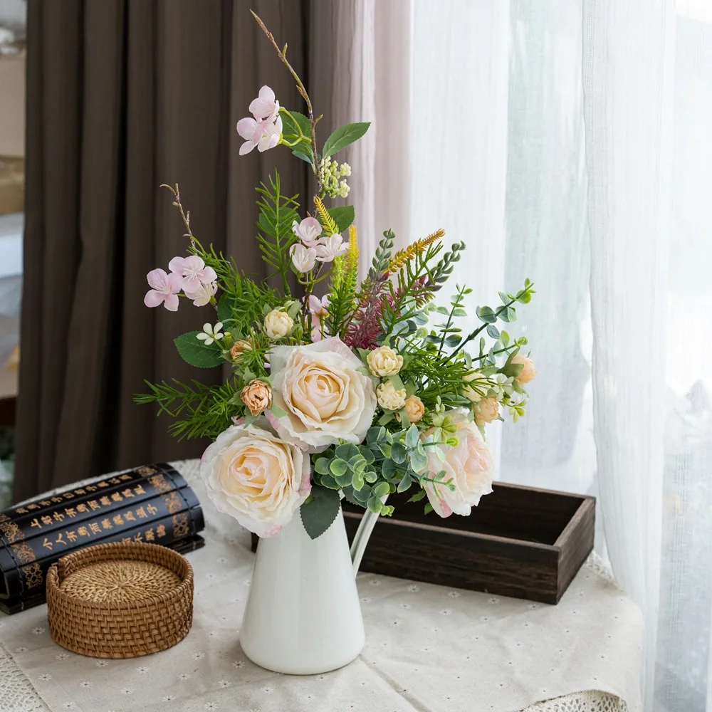 

4PCS Rose Artificial Flowers Wedding Home Room Festival Decoration Wreaths bridal bouquet Dining table vase Photography Props