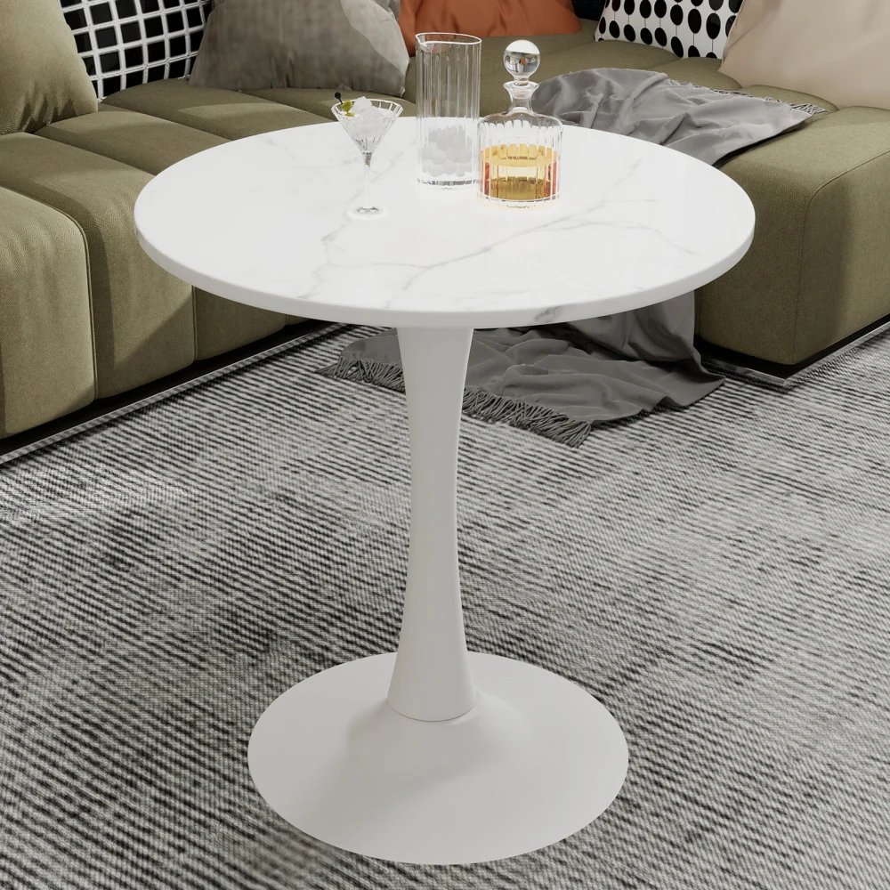 

27.6in White Coffee Table: Mid-Century Modern, Round White-Veined Marble For 2-4, Versatile Settings