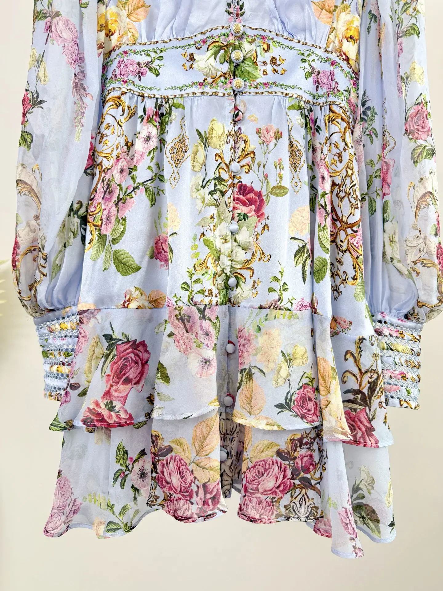 ชุดมินิเดรสผ้าไหมแท้ 100% ประดับคริสตัล ลายดอกไม้ คอวี แขนยาว เอวสูง สำหรับงานปาร์ตี้ สีฟ้า