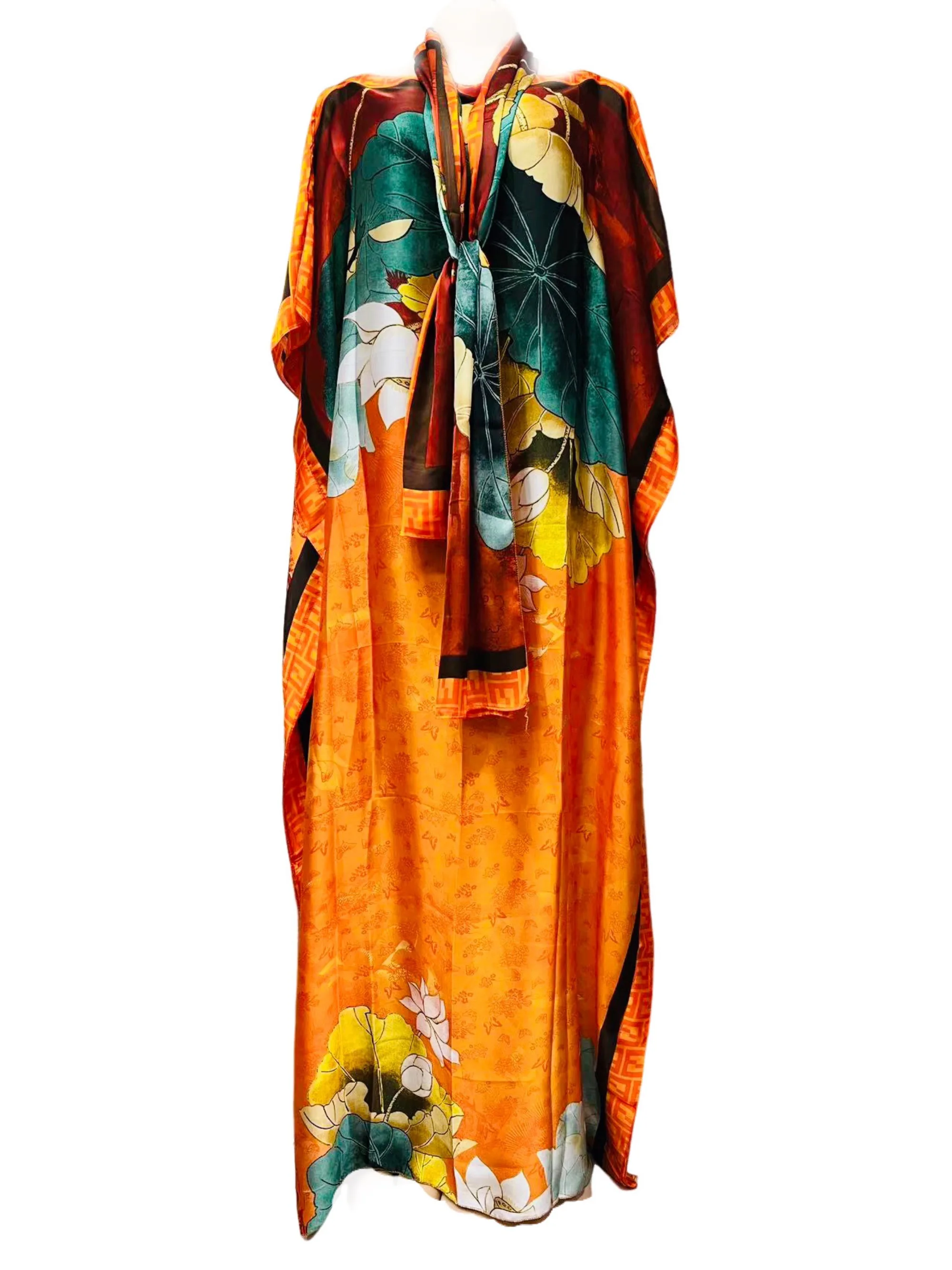 Printed Kaftan Maxi Dress with Bat Sleeves and Chic Hijab - A Fashionable Choice for Avant-garde Women