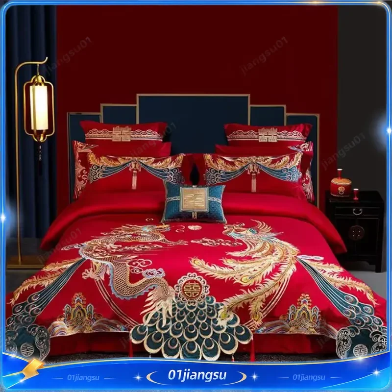 160 Thread Count Double Strand Long Staple Cotton Embroidered Wedding Bedding Set 4 Piece All Cotton Big Red Bridal Bed Sheet