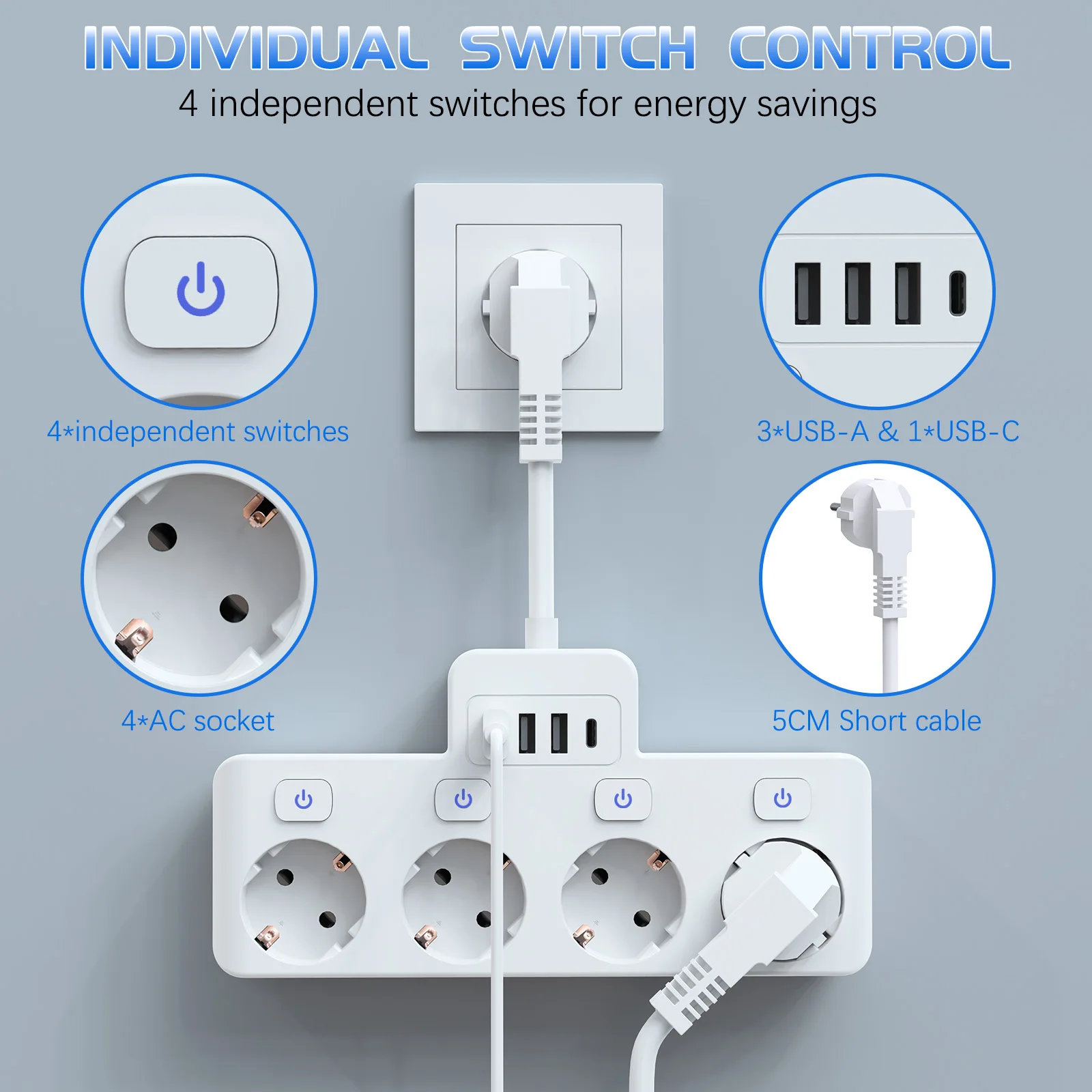 8-in-1 Desktop USB Power Strip with 4 AC Independent Switches, Supports Type-C Fast Charging, Suitable for Home and Travel Use