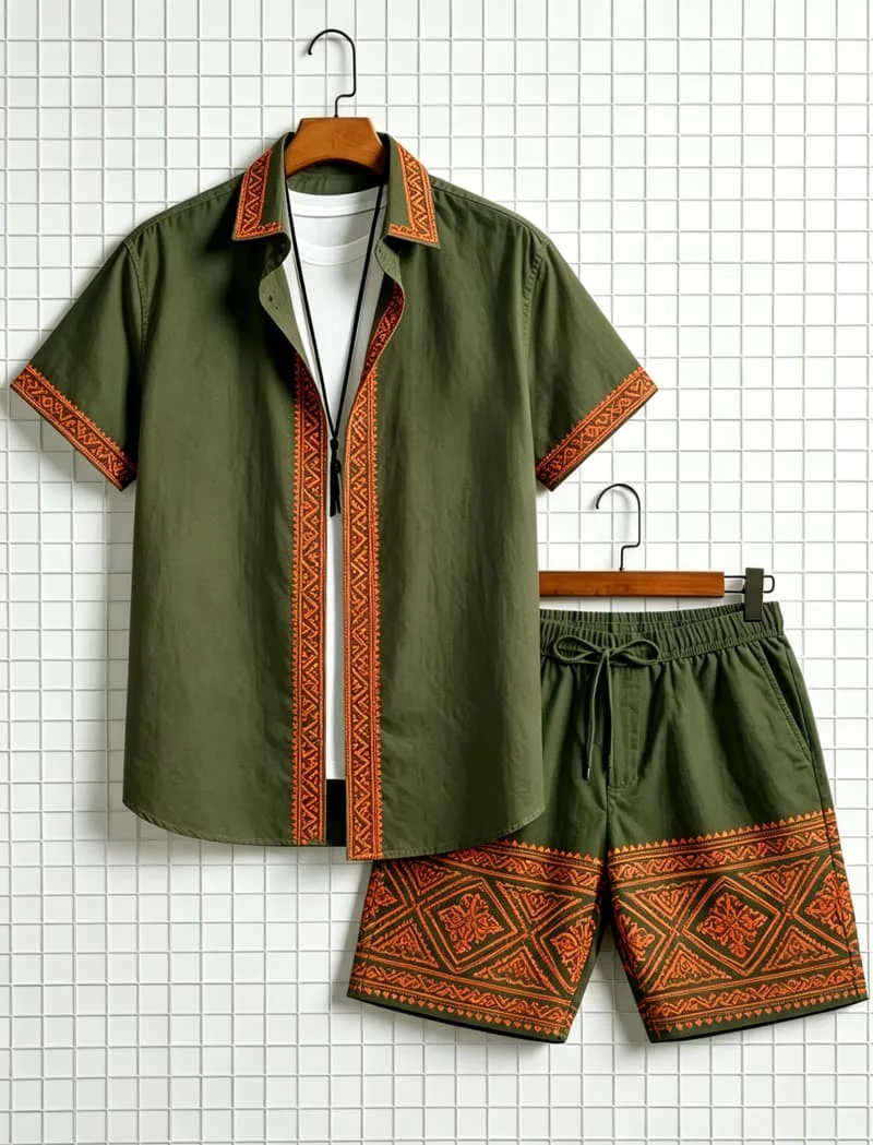 Men's ethnic border printed short sleeved shirt and shorts set, fresh and elegant style, for daily leisure and outdoor travel view 5