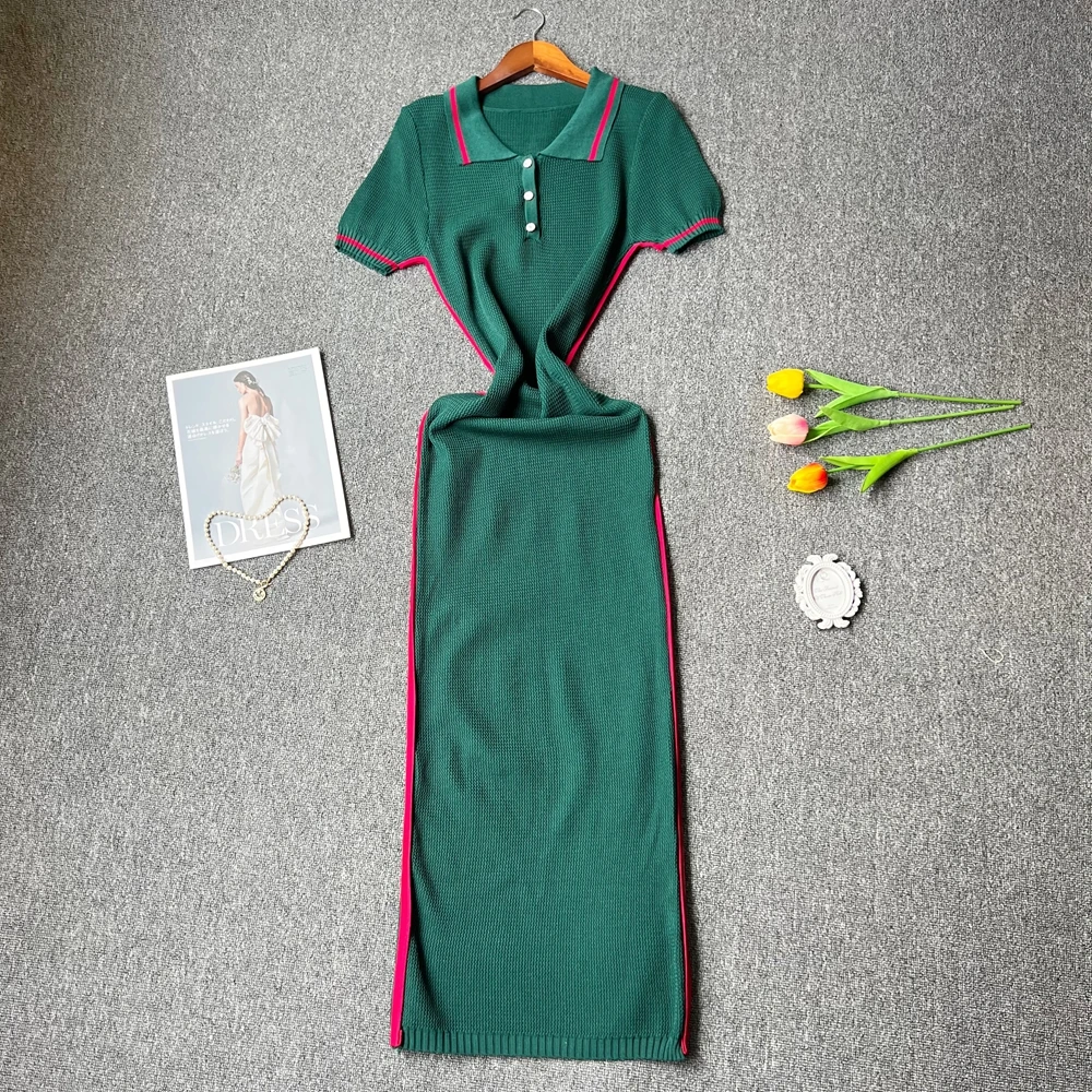 YuooMuoo Brand Fashion Vintage Patchwork Lines Knitted Maxi Dress 2025 Summer Casual All Match Long Shirt Dress Chic Party Robes