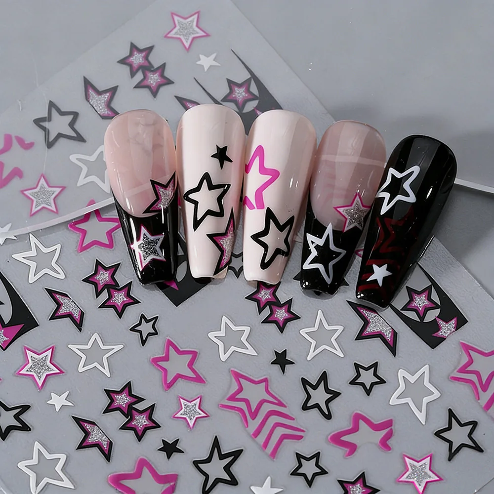 1pcs Black Pink Hollow-out Pentagram Nail Stickers Gold Sliver 3D Y2K Dark Punk Five-pointed Star Design Nail Decals DIY Manicur