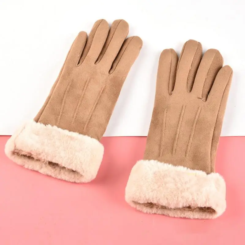 Guantes de esquí con pantalla táctil, guantes de ciclismo con protección contra el frío, guantes térmicos de lana gruesa de cuero PU para actividades al aire libre femeninas