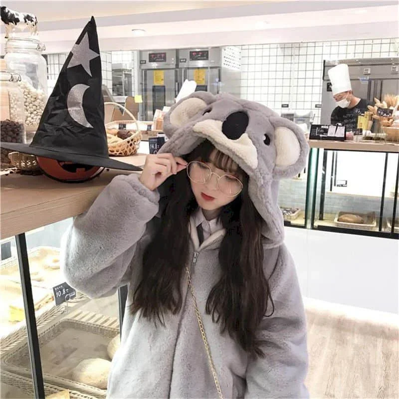 Chaqueta de felpa con capucha para mujer, chaqueta peluda gruesa con orejas de Koala, estilo japonés, invierno, 2021