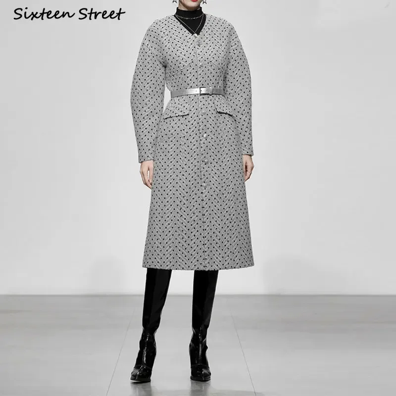 Streetwear Chic Wool Jacket Women Polka Dot Winter V-neck Vintage Gray Blend Coat Ladies with Belt Autumn Loose Elegant Outfit