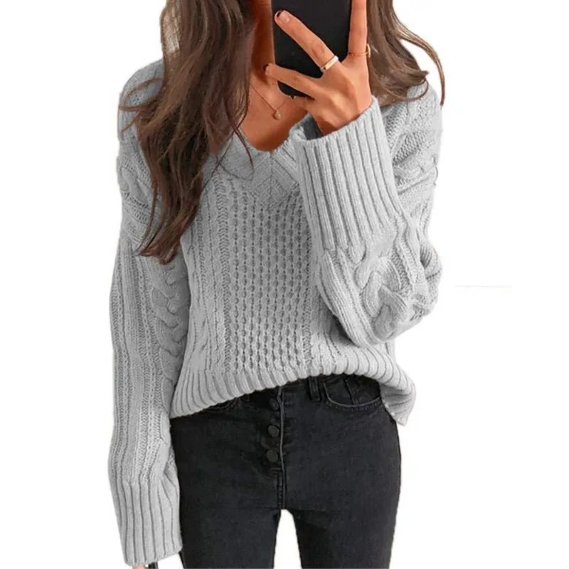 Elegant Fashion Long Sleeve V Neck Loose Knitwear Y2K INS Clothing Women Knitted Pullover Sweater Top