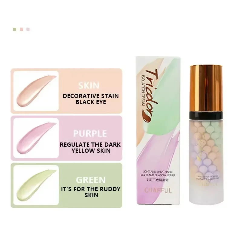 Base de maquillage pour le visage, crème tricolore, Isolation des couleurs, fond de teint imperméable, crème de Base de maquillage naturelle, 40g