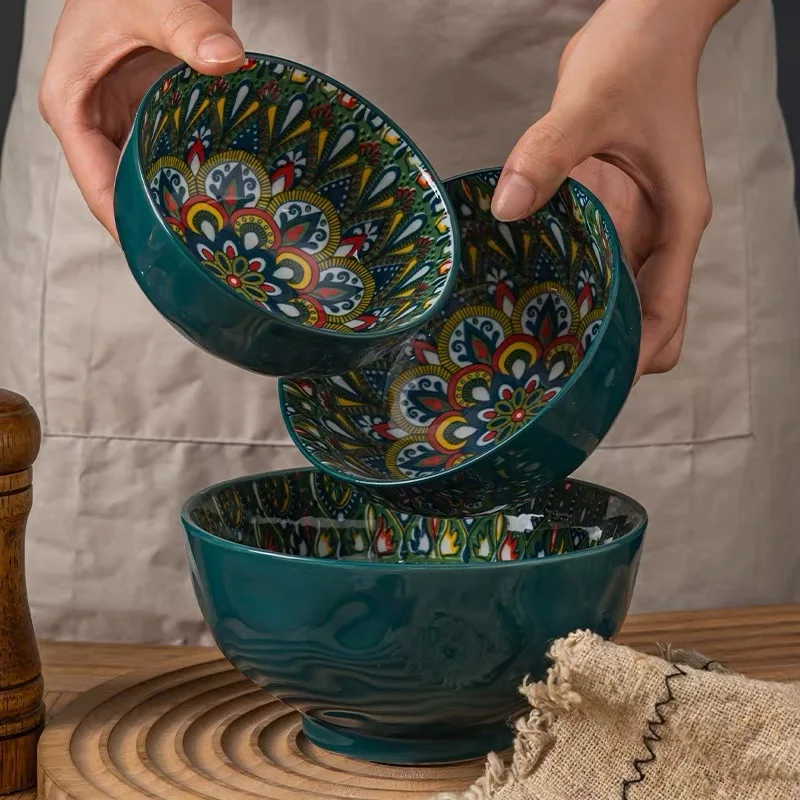 Bohemian Rice Bowl Home Creative Personality Ceramic Bowl High Appearance Level Retro Noodle Bowl Eating Rice Small Bowl