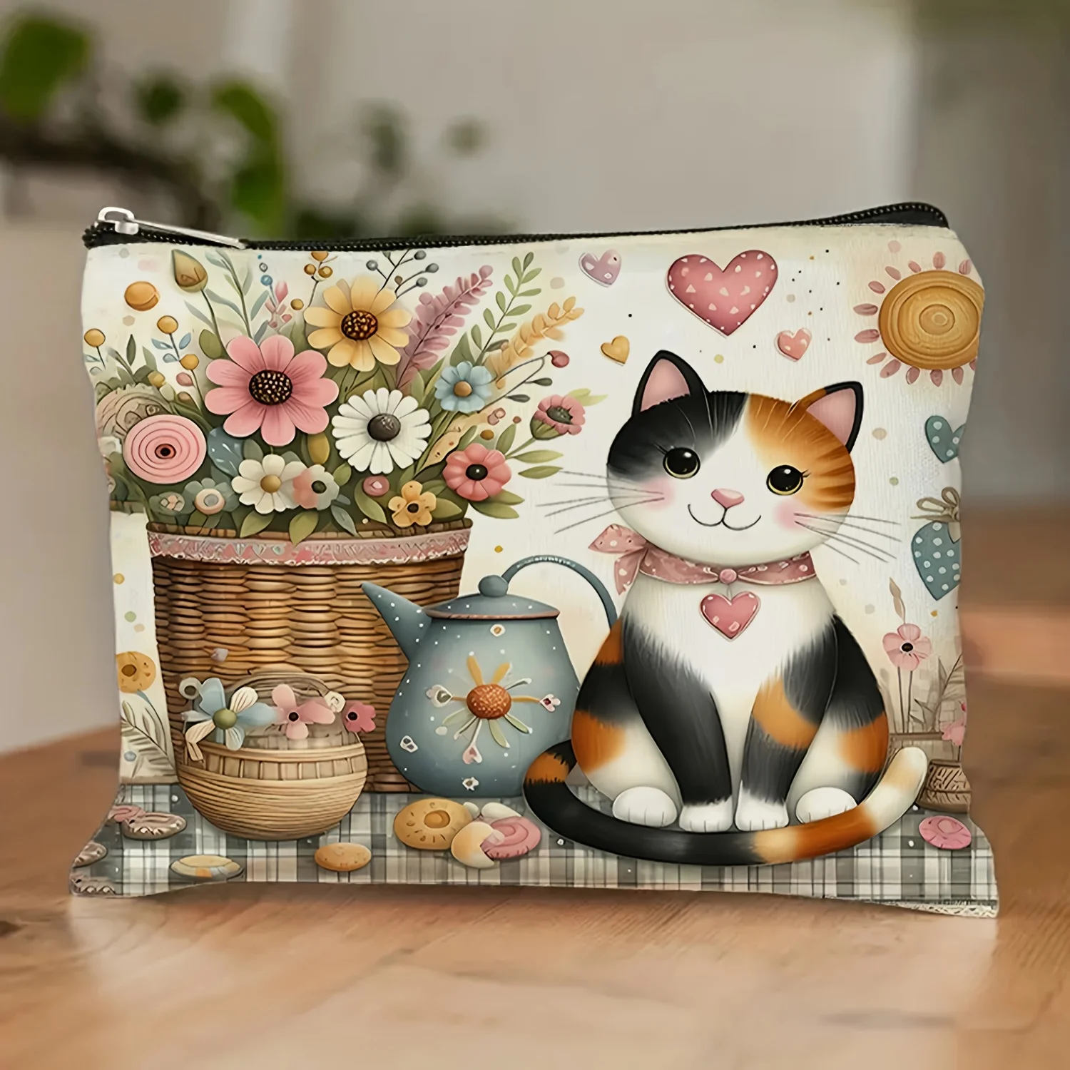 A Charming cat and flower basket makeup bag - cute multifunctional zip bag, jewelry storage bag, perfect travel zip pouch.
