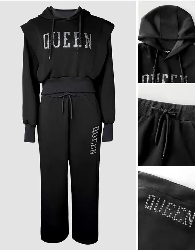 

Pants 2 Piece Outfits 3D Design Crop Drawstring Hoodie Top & Drawstring Wide Leg Sweatpants Set Casual Rhinestone Sweatshirt Set
