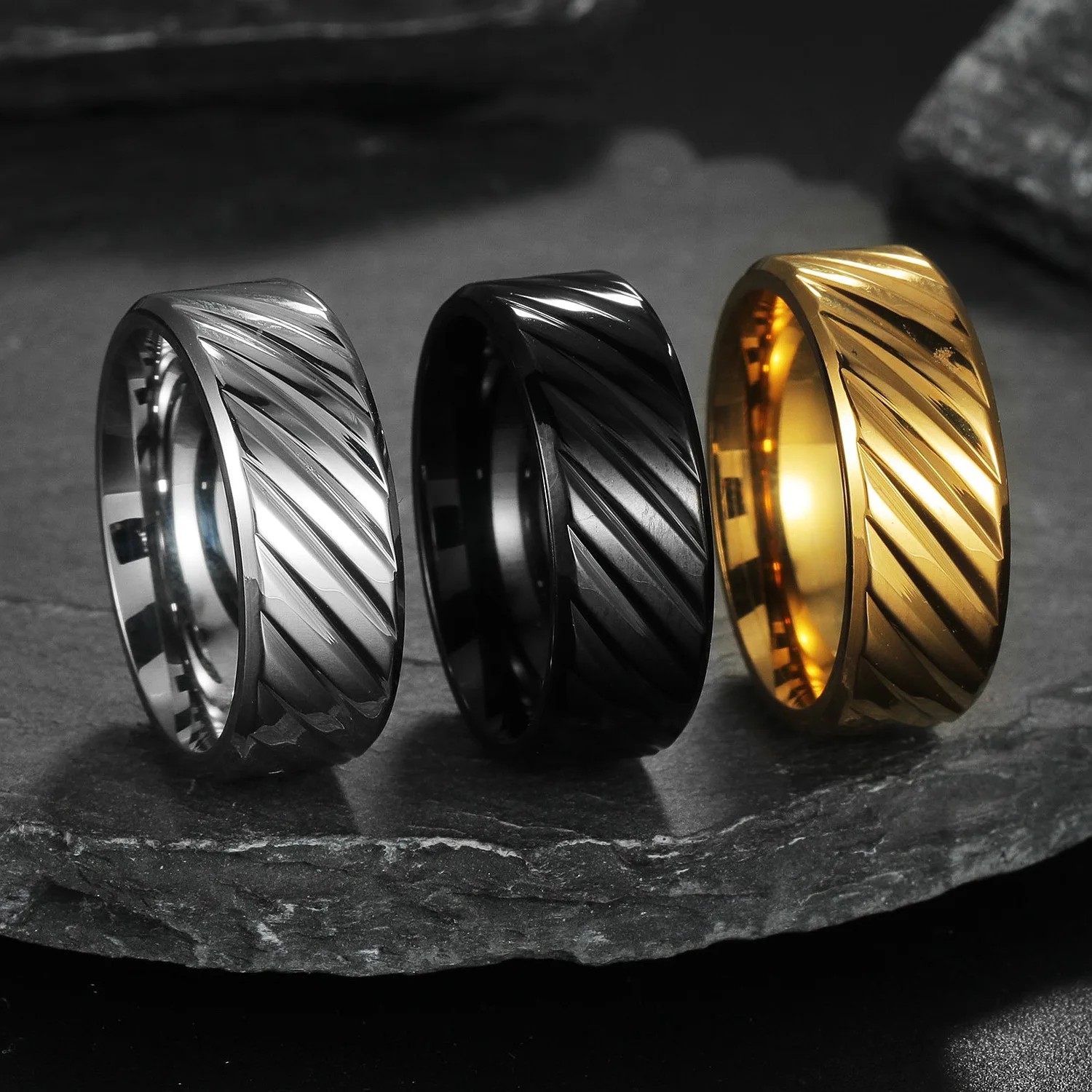 Silver Color Black Stainless Steel Multi-Faceted Ring Groove Fashion Ring for Men Women Engagement Anniversary Gifts