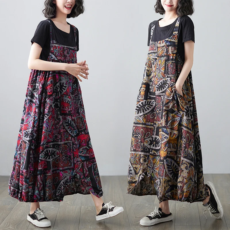 Macacão de linho de algodão com estampa floral, tamanho grande, ajuste solto, calças casuais de verão, calças cargo de nove facas para mulheres plus size