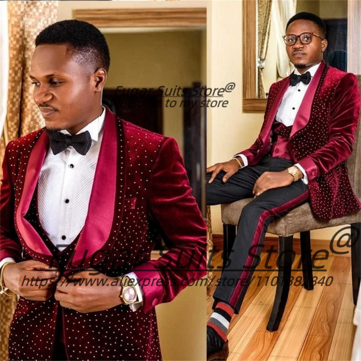 Luxuly Velvet Diamond High-end Men Suits Customized Slim Fit Shawl Lapel Groom Wedding Tuxedos 3 Pieces Sets Male Prom Blazers