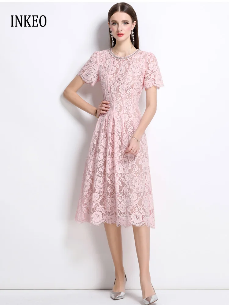

Party Lace Short sleeve dress slim Women 2025 Summer Pink Sweet Luxury Rhinestone pearl O-neck Midi dresses Stylish INKEO 5D119