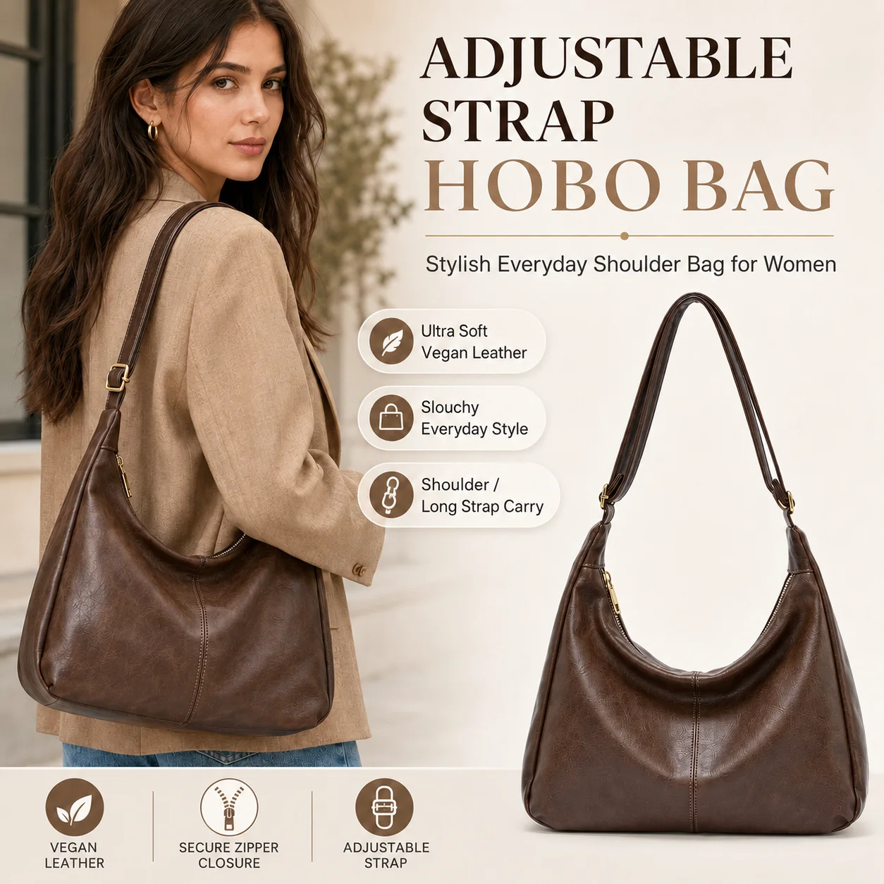 Adjustable Strap Hobo Bag for Women Ultra Soft Vegan Leather Shoulder Handbag Slouchy Foldable Tote Purse for Work Travel