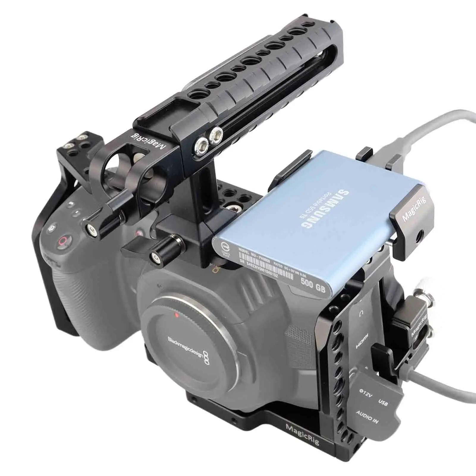 MAGICRIG كاميرا صغيرة محمولة قفص ل Blackmagic سينما الجيب 4K و 6K ، مع الناتو مقبض ، T5/T7 SSD جبل ، HDMI/USB-C كابل قفل