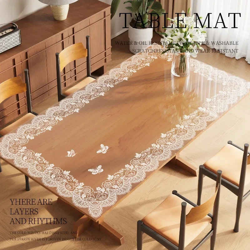 Transparent Printed Lace PVC Soft Glass Tablecloth Waterproof and Oil Resistant Table Mat Non Washable and Insulated Table Mat