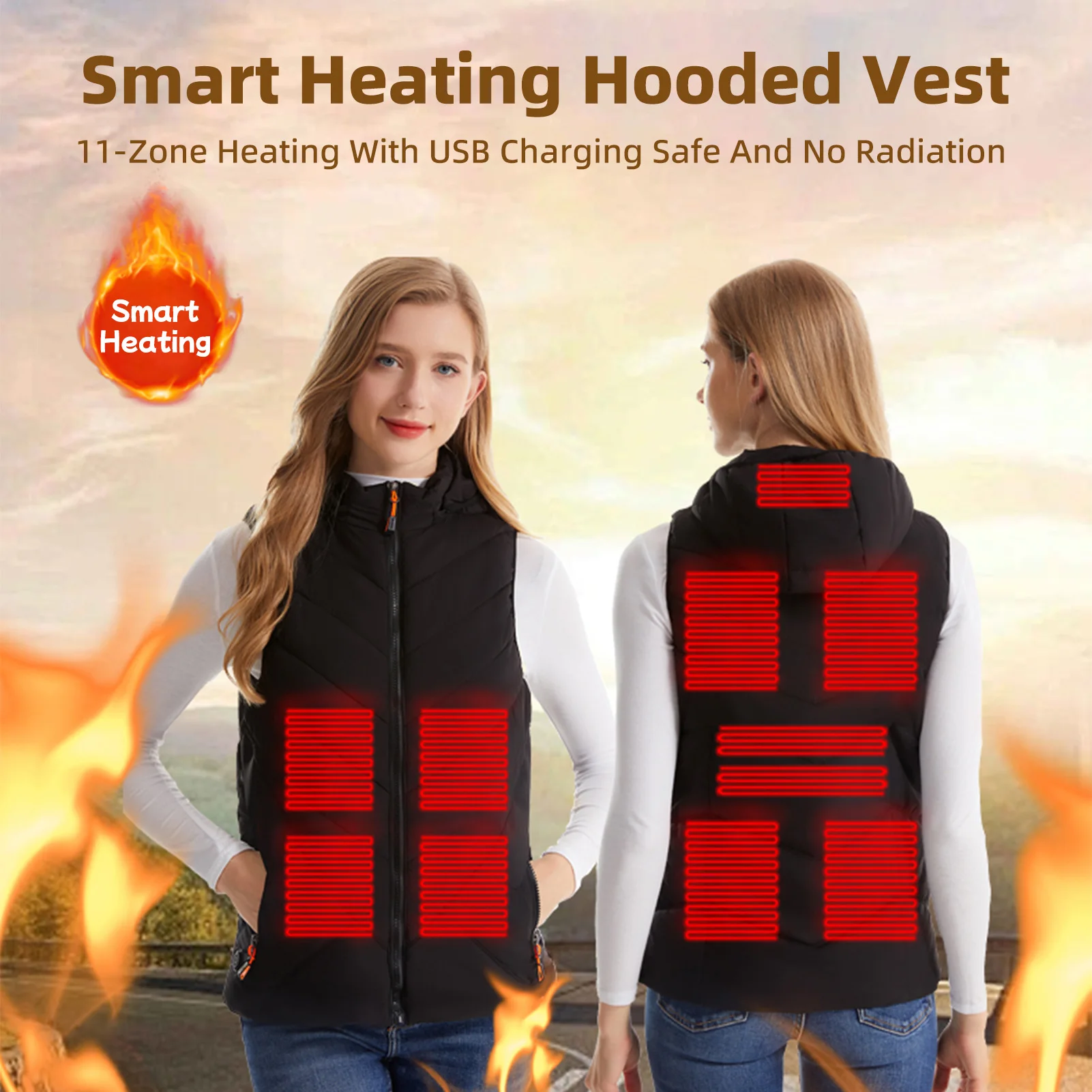 Beheizte Weste für Damen, beheizte Kleidung, intelligente Heizung, Kapuzenweste, USB-Aufladung, 11-Zonen-Heizung, 3 Gänge, Temperaturregelung