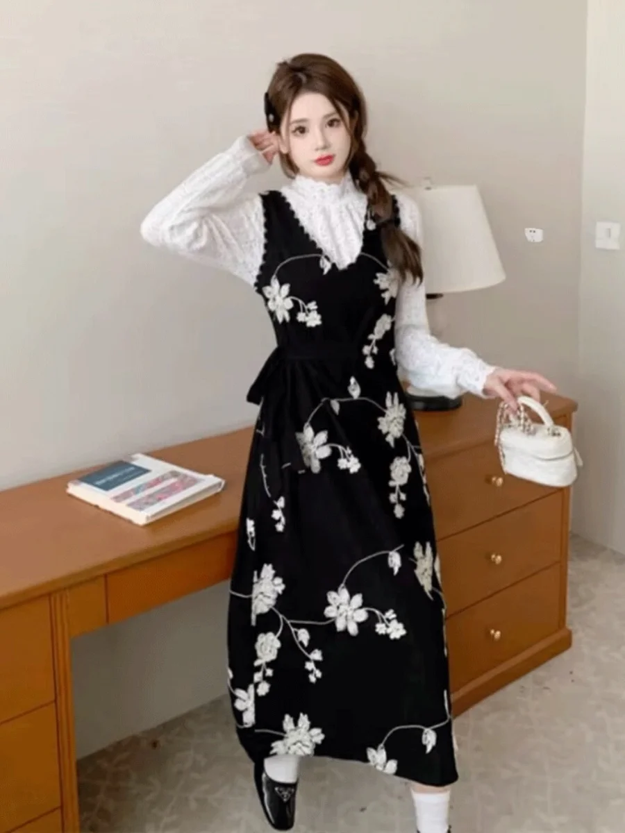 Bloemen A-lijn Dr Dames Los Casual Artistiek Taille-Knipperend Afslanken V-Ne Bla Lange Strapl Jurk Miss Gong