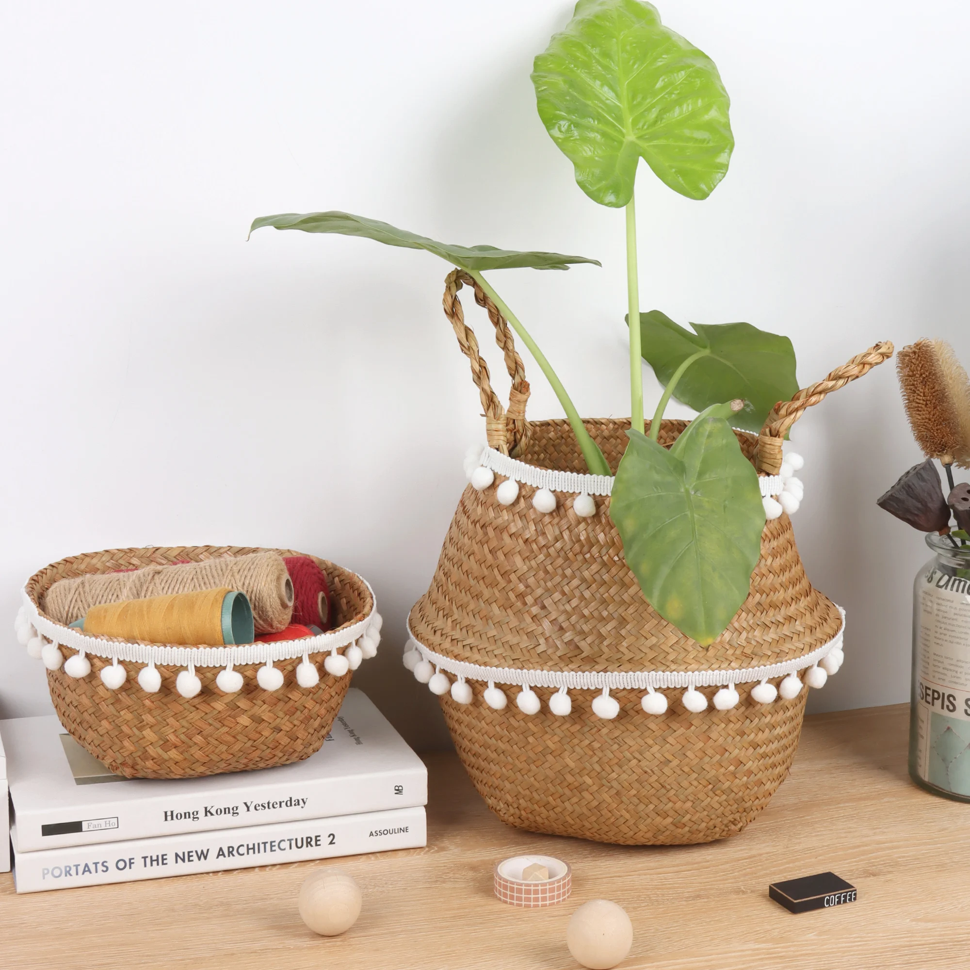 Handmade Seagrass Storage Basket Foldable Laundry Straw Wicker Rattan Seagrass Belly Garden Flower Pot home decor Planter Basket