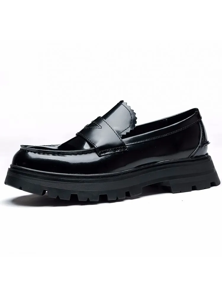 Mens Wedding Height Increasing Thick Platform Dress Shoes Slip On Loafers Round Toe Business Work Formal Genuine Leather Shoes