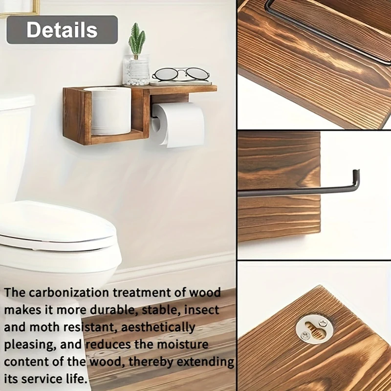 Wooden Wall Mounted Towel Rack & Tissue Holder with Shelf Farmhouse Bathroom Organizer Mounted Towel Rack Tissue Holder