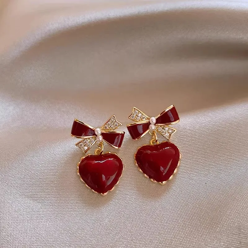 Wine Red Heart Pendants Women\'s Hanging Earrings Rhinestone Bowknot Top Imitation Pearl Korean Elegant Party Ear Jewelry 2024