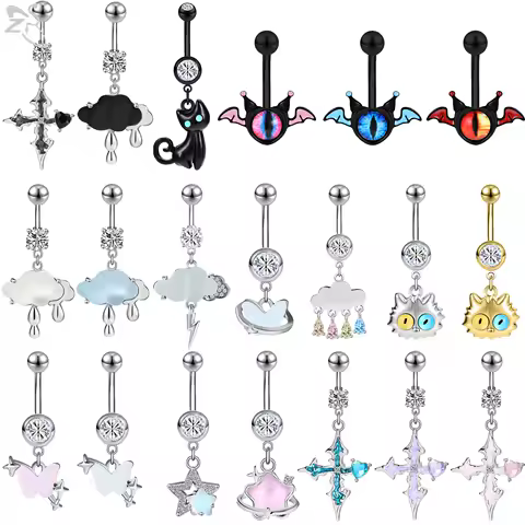 ZS 1PC 14G Stainless Steel Crystal Pendant Belly Button Ring for Women Silver Color Heart Star Cross Navel Piercing Jewelry