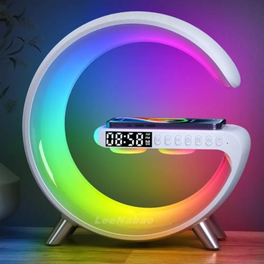 5-in- Smart Bedside Lamp with Bluetooth Speaker and APP Control, Wireless Charging Station, Sunrise Alarm Clock, RGB Mood Light
