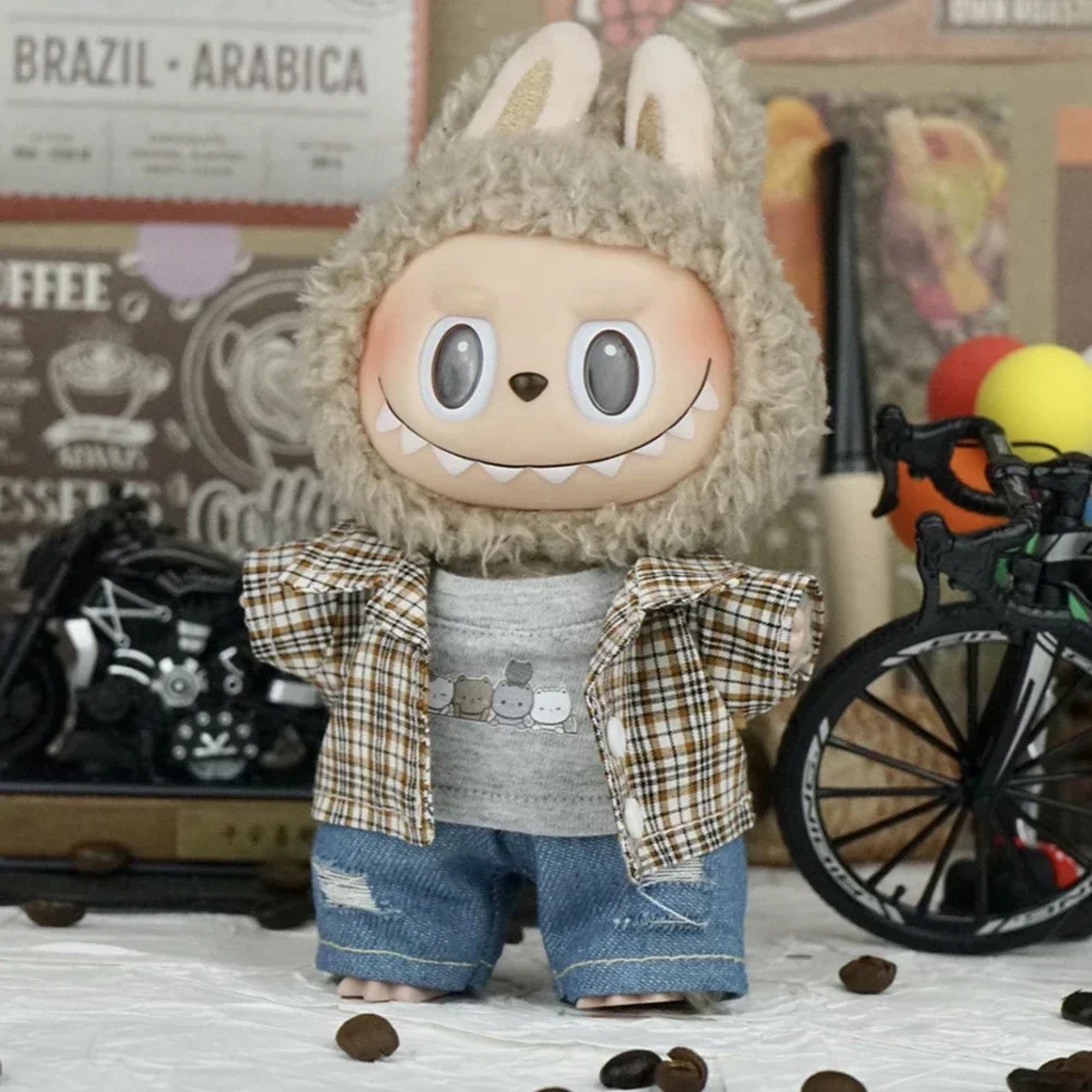Bonito estilo japonês xadrez camisa jaqueta conjunto mini roupas de boneca de pelúcia acessórios para 17cm labubu ii bonecas roupas presente
