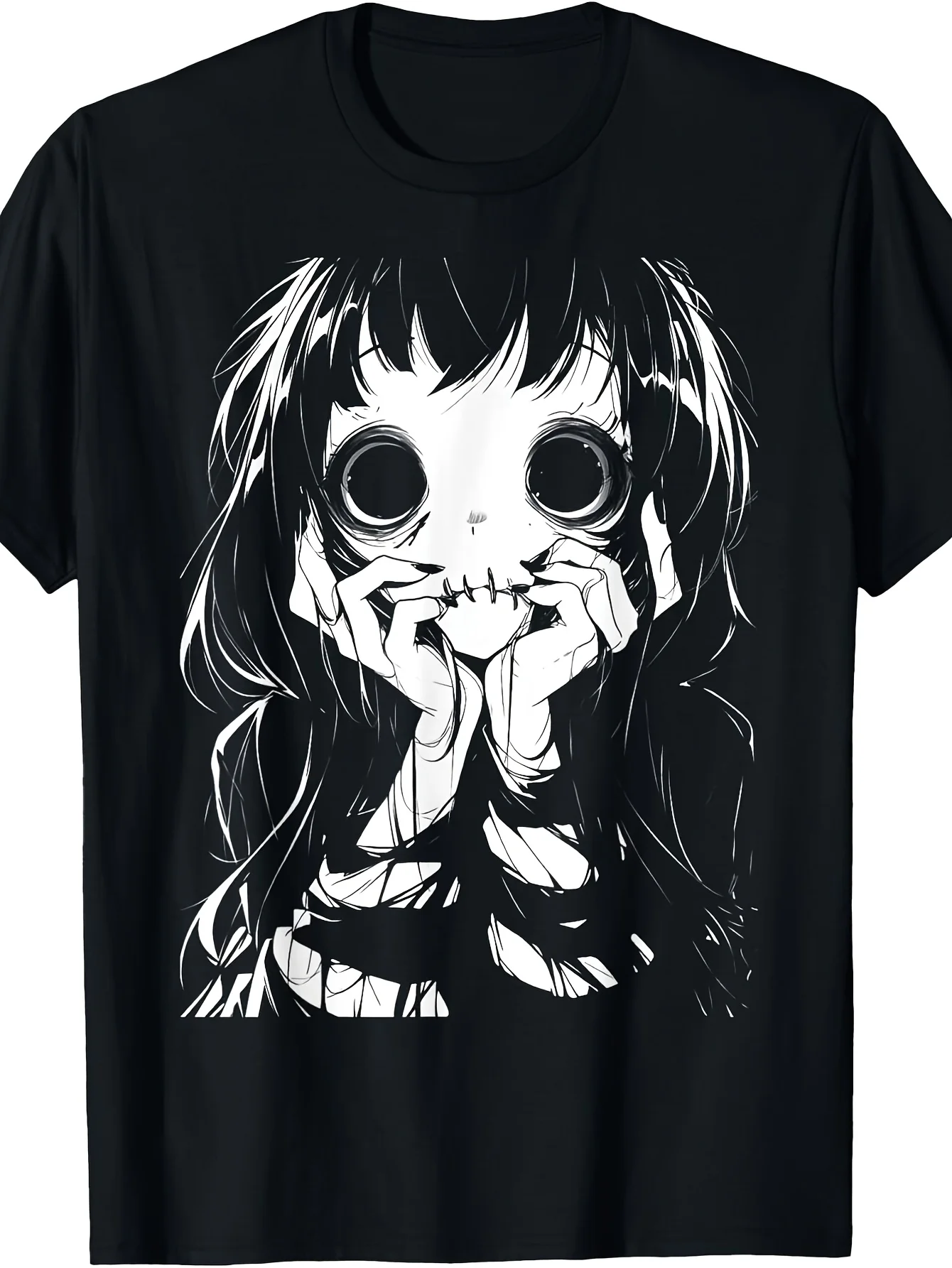 Japanese Horror Anime T-shirt Cute Gothic Anime Girl Face Graphic Tee Slim Fit Pure T-shirt for Anime Fans