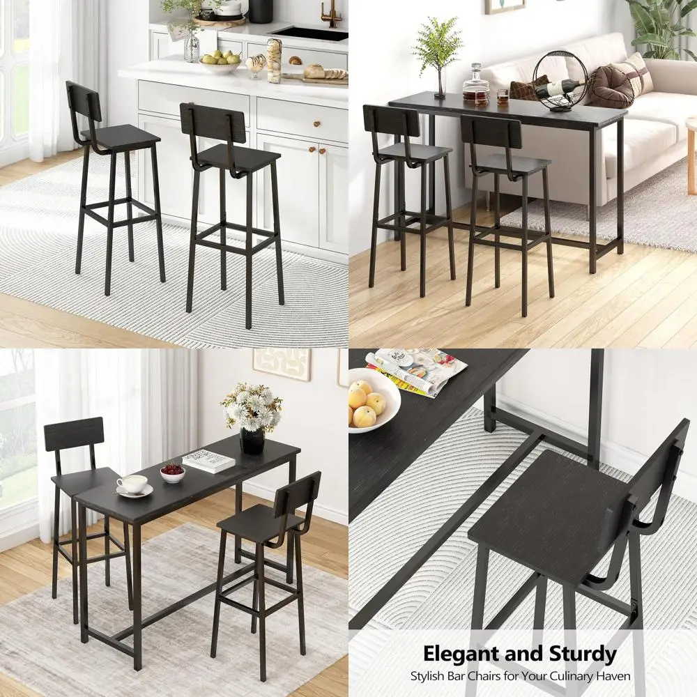 

Пара черных барных стульев в индустриальном стиле с высокой спинкой и подставками для ног