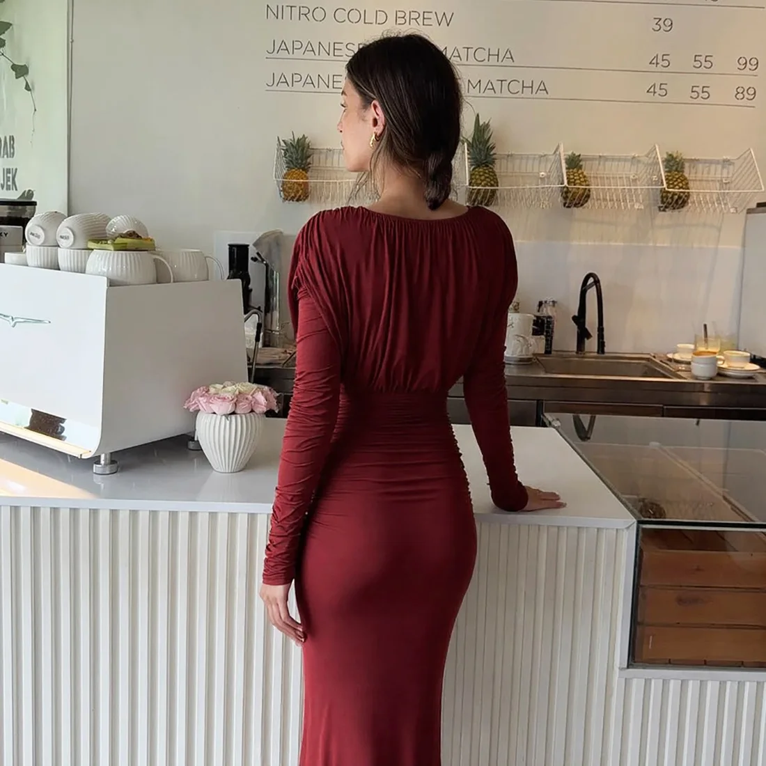 Women's Elegant Long Sleeves Y2K Dress Deep V-Neck Ruched Waisted Evening Party Dress Sexy Bodycon Maxi Dresses