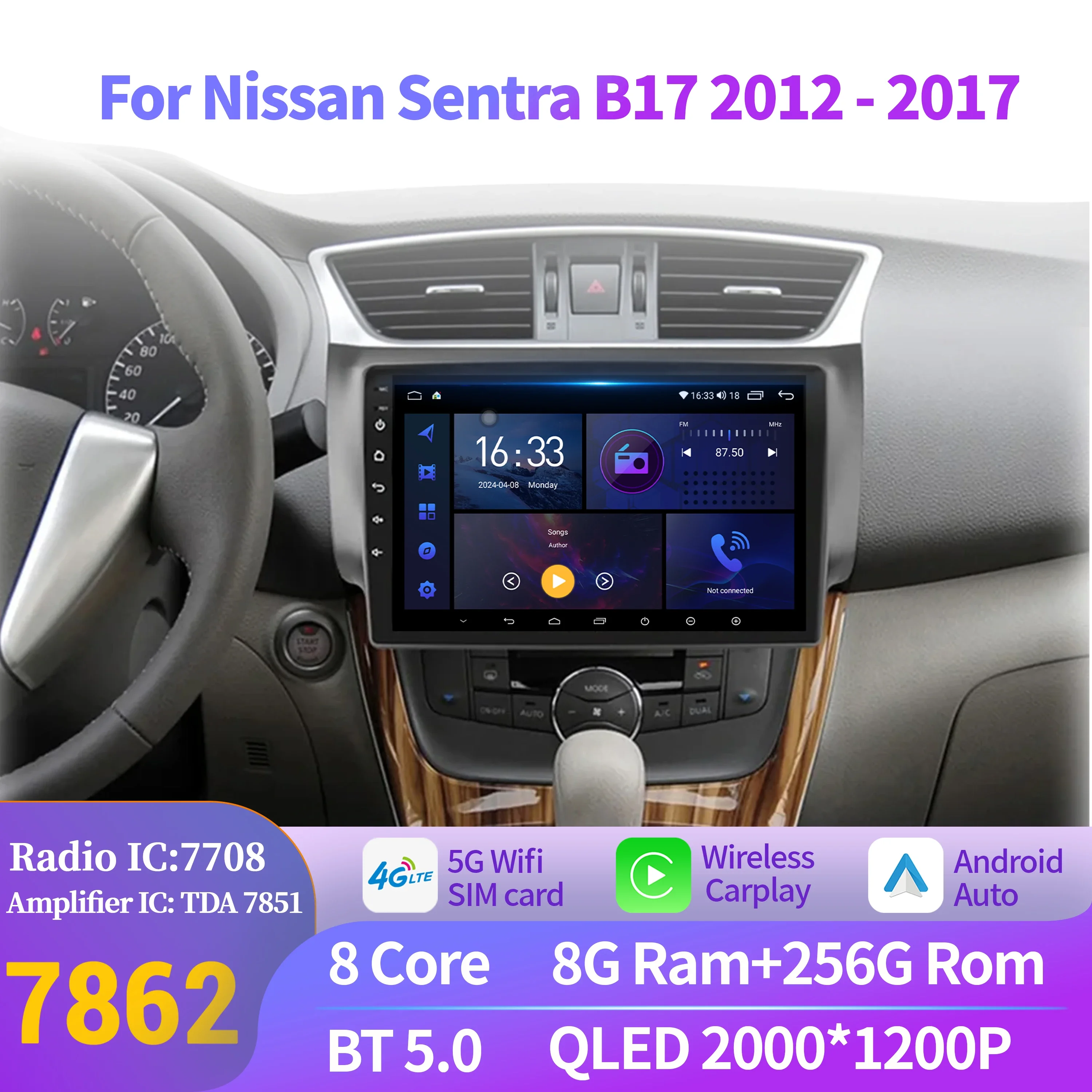 

Автомагнитола Android 14 для Nissan Sentra B17 2012-2017 с мультимедиа, навигацией, беспроводным CarPlay, 7862S, 8G, 256G, сенсорным 2K QLED экраном