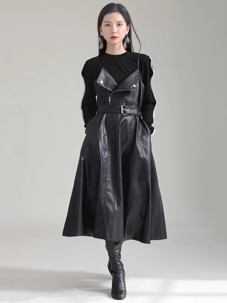 [EAM] Women Black Pu Leather Belted Long A-line Dress New V-Neck Sleeveless Loose Fit Fashion Tide Spring Autumn 2024 1DH2000