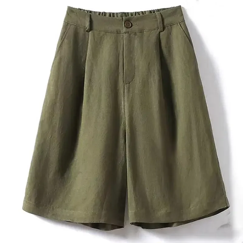 Shorts de algodão e linho para mulheres verão 2025 solto cintura alta calças largas perna casual versátil sólido retro shorts retos