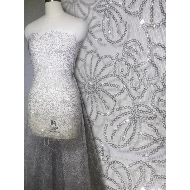 

140CM Wide, Sunflower Sequin Embroidery Lace Handmade Fashion Clothing Background Decoration Fabric Wedding Dress Accessories