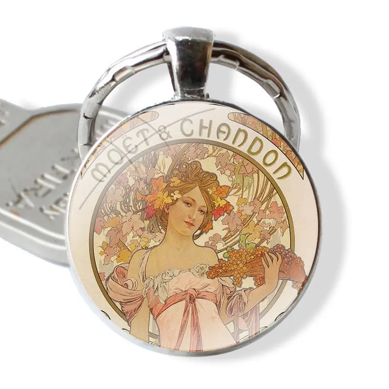 Alphonse Maria Mucha Keychain Handmade Glass Cabochon Key Ring Holder Pendant Key Chains