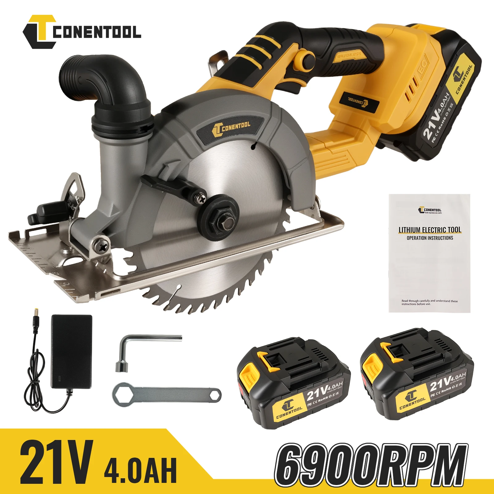 CONENTOOL 21V Cordless Ø165mm Circular Saw Set 6900RPM Brushless Multifunctional Cutting  with Battery& Charger for Makita