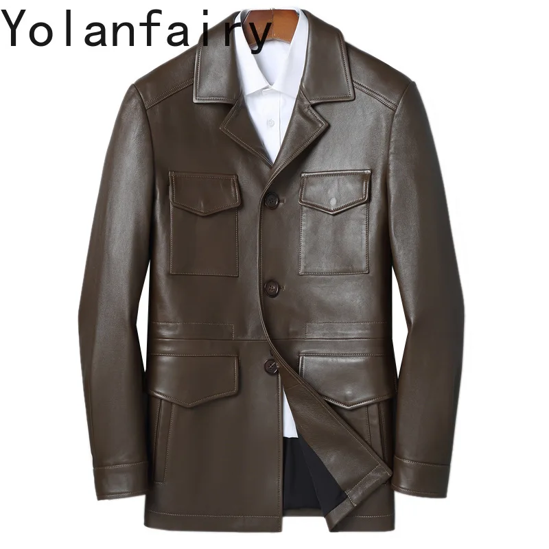 YOLANFAIRY High Quality Genuine Leather Jacket Man Clothing Mid-length Real Sheepskin Leather Coat Men's Leather Jackets 레더 자켓