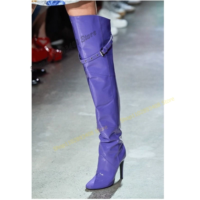 

Purple Patent Leather Over the Knee Boots Glitter Buckle Strap Stiletto High Heel Women Shoes 2023 Fashion Zapatos Para Mujere