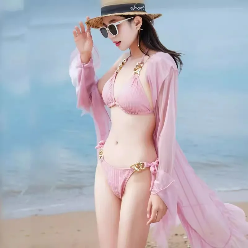 韓国ファッションビキニスプリット水着女性用3点セット長袖カバーアップバケーションビーチ衣装セクシーな女性美しい白