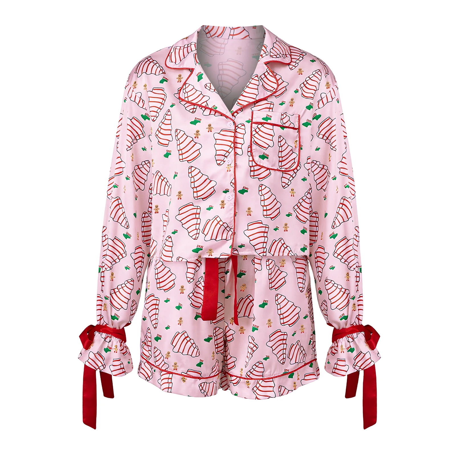 

Рождественский женский пижамный комплект, креативный топ с лацканами и длинными рукавами с принтом Санта-Клауса и шорты для отдыха, комплект из 2 предметов