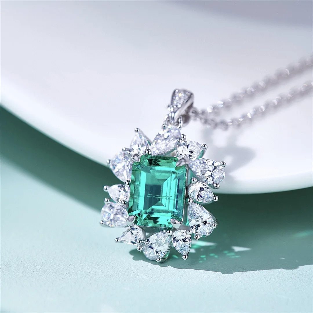 Cultivated Emerald Necklace Droplet Wrapped Large Carat Emerald Pendant S925 Silver Laboratory Cultivated Stone